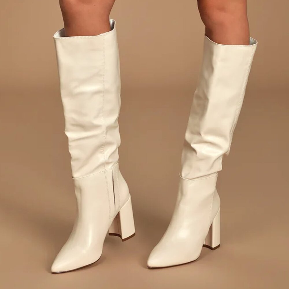 Katari Off White Pointed-Toe Knee High Boots
